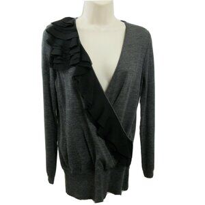 Ann Taylor LOFT Gray Thin Wool Blend Sweater Size M Petite Black Front Ruffle